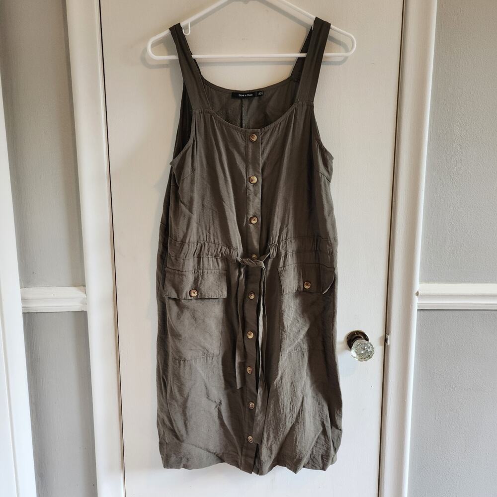 Doe & Rae Green Medium Sleeveless Dress Button Down Tie Waist Pockets